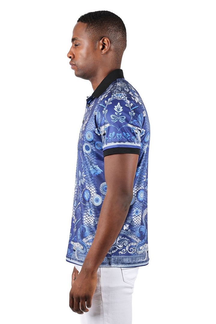 Barabas men's Floral Snake Skin Pattern Graphic Tee Polo Shirts 3PSP08 Navy