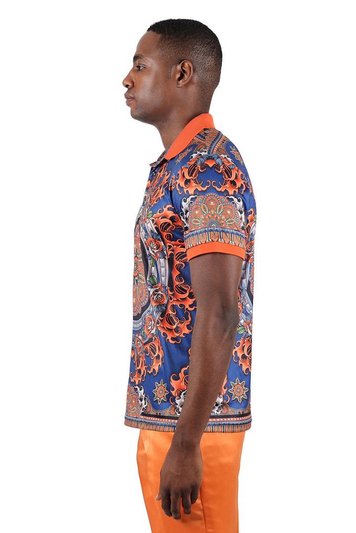 Barabas Men's Floral Circular Prints Graphic Tee Polo Shirts 3PSP13 Orange Navy