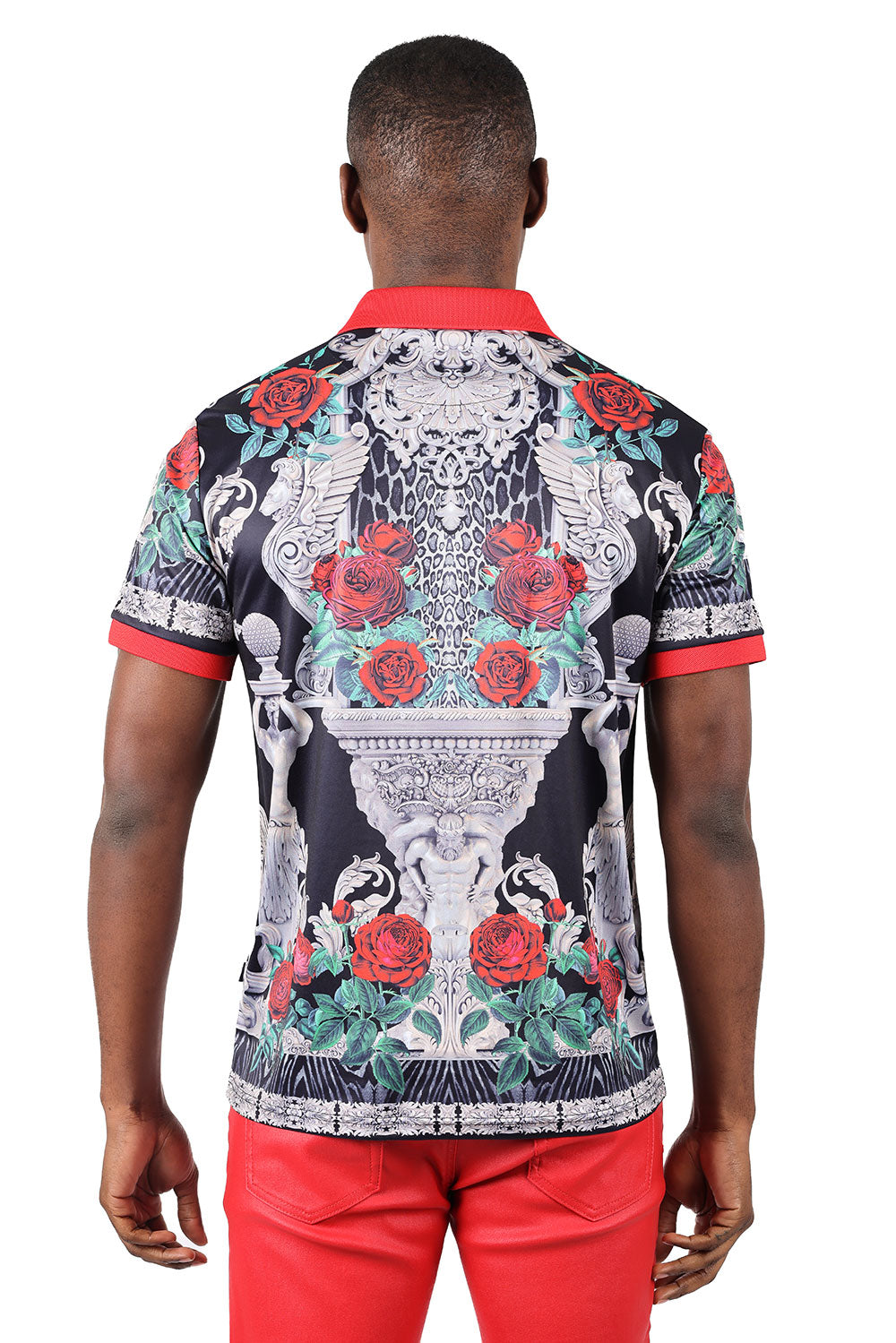 Barabas men's Floral Rose Leopard Prints Graphic Tee Polo Shirts 3PSP18 Black Silver