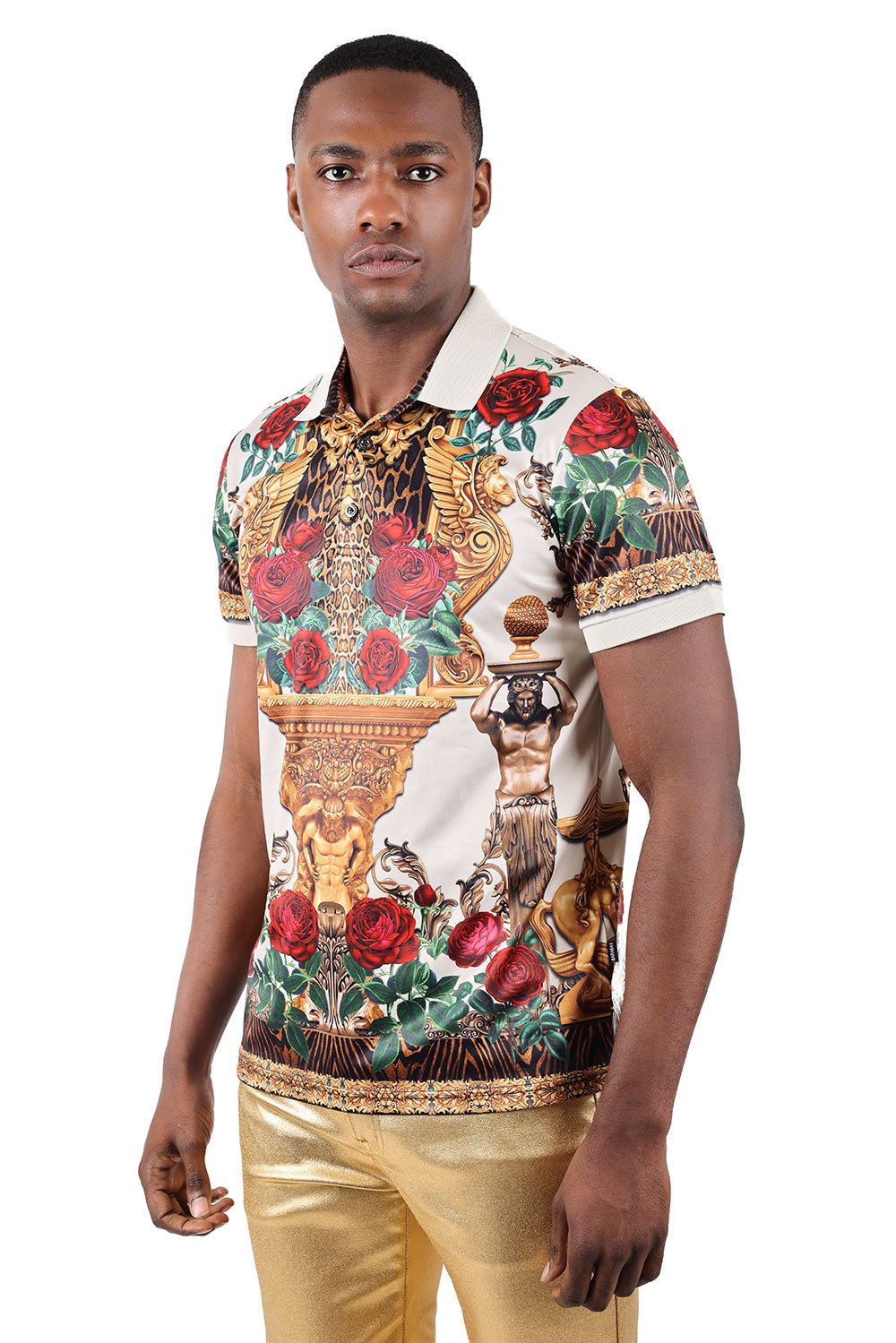 Barabas men's Floral Rose Leopard Baroque Graphic Polo Shirts 3PSP18Cream