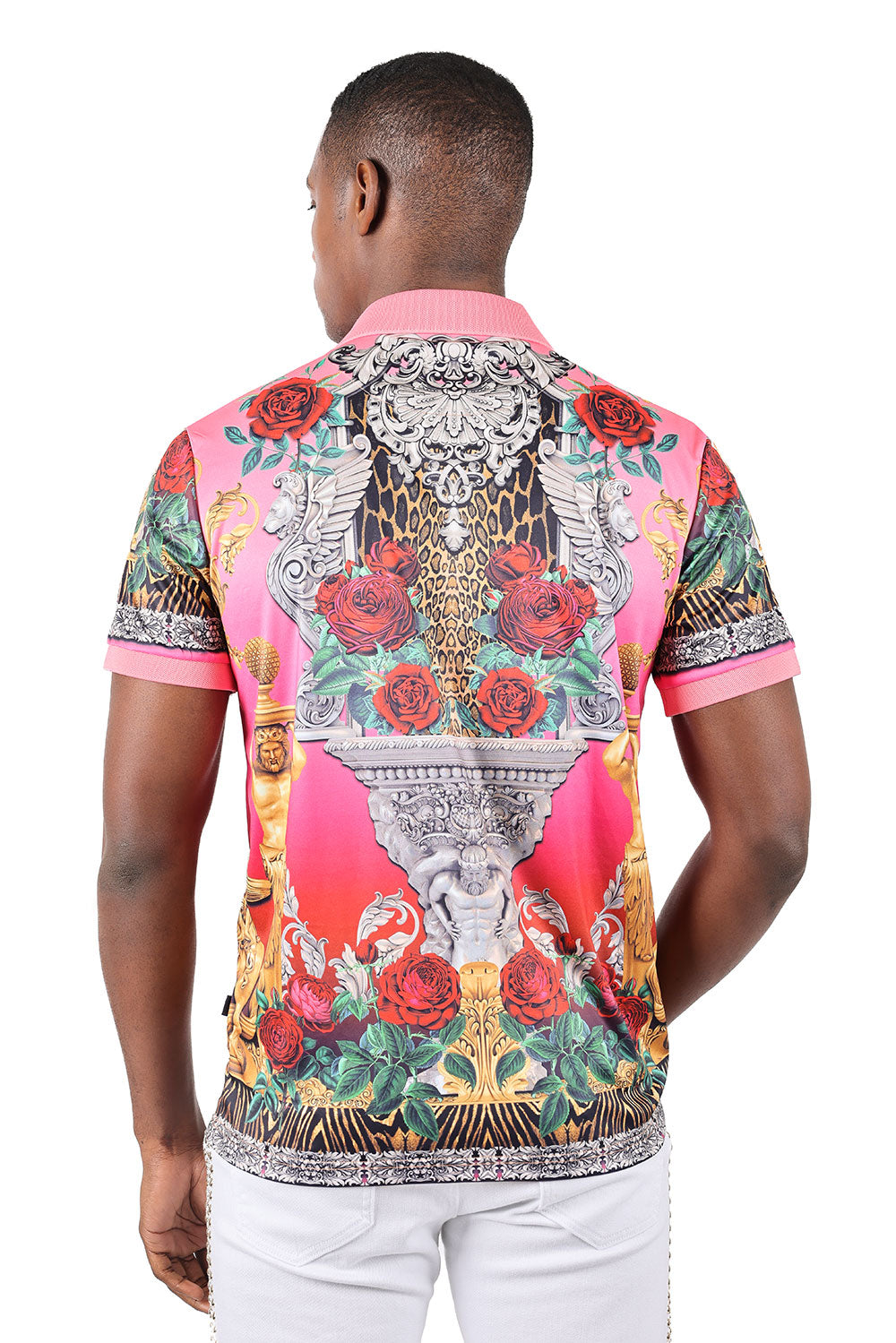 Barabas men's Floral Rose Leopard Prints Graphic Tee Polo Shirts 3PSP18 Pink