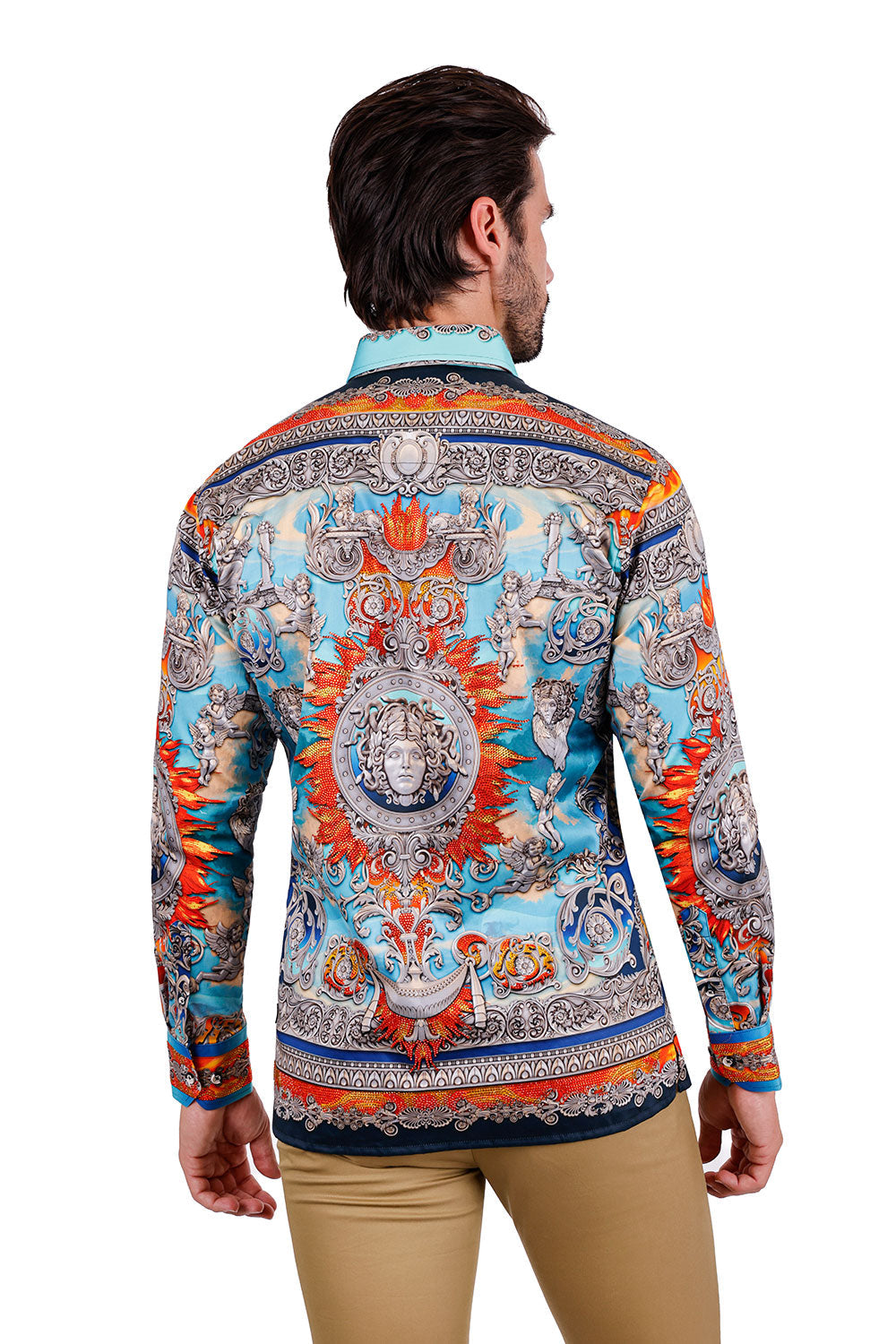 BARABAS Men's Rhinestone Floral Medusa Long Sleeve Shirts 3SPR401 Blue