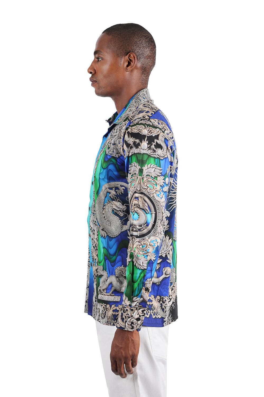 BARABAS Men's Floral Dragon Rhinestone Long Sleeve Shirts 3SPR405 Blue