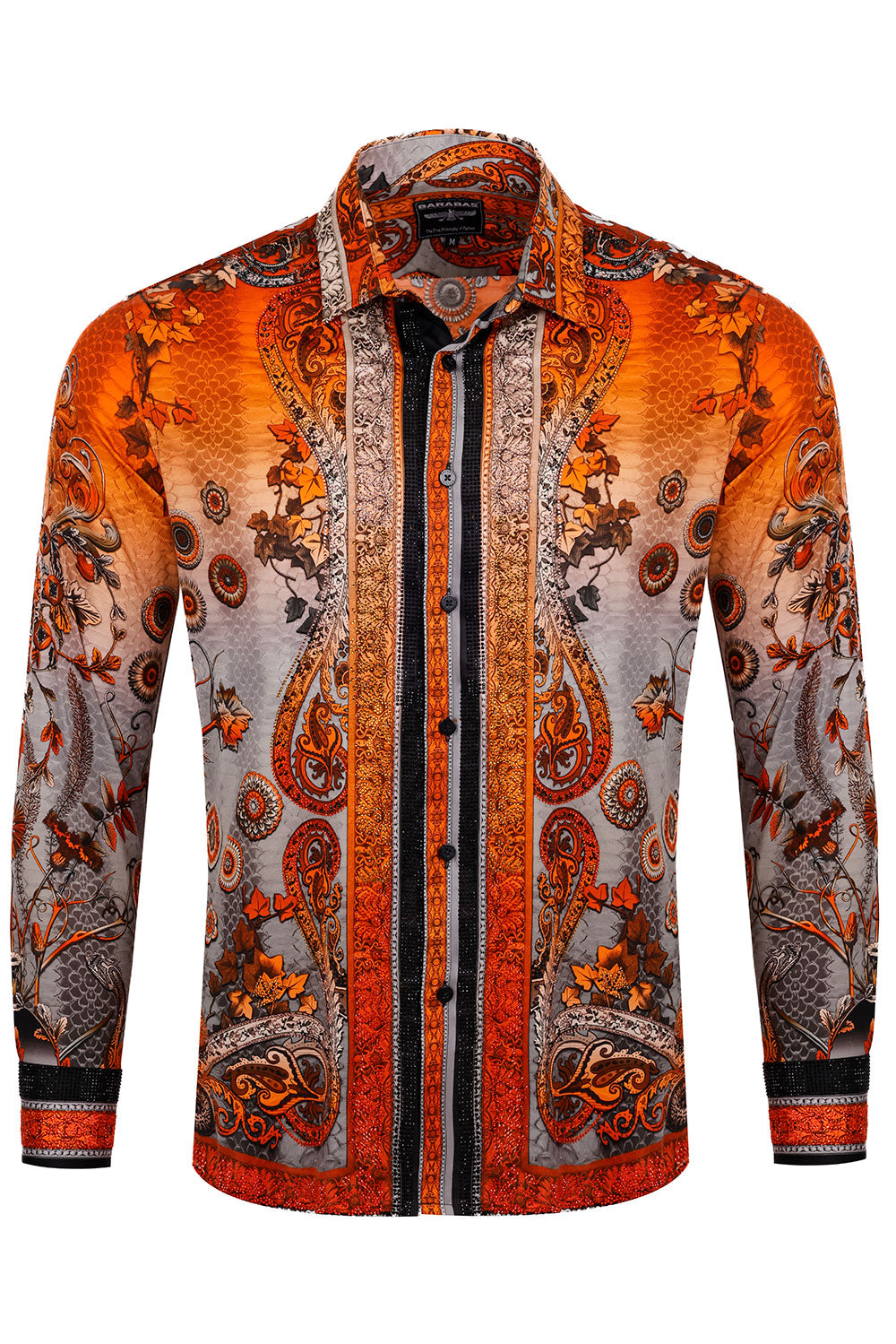 BARABAS Men's Rhinestone Floral Snake Skin Long Sleeve Shirts 3SPR408 Orange