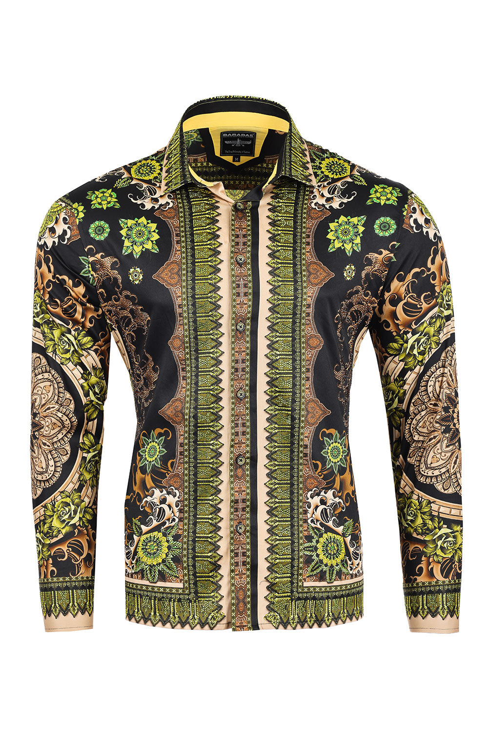 BARABAS Men's Rhinestone Floral Print Baroque Long Sleeve Shirts 3SPR413 Lime