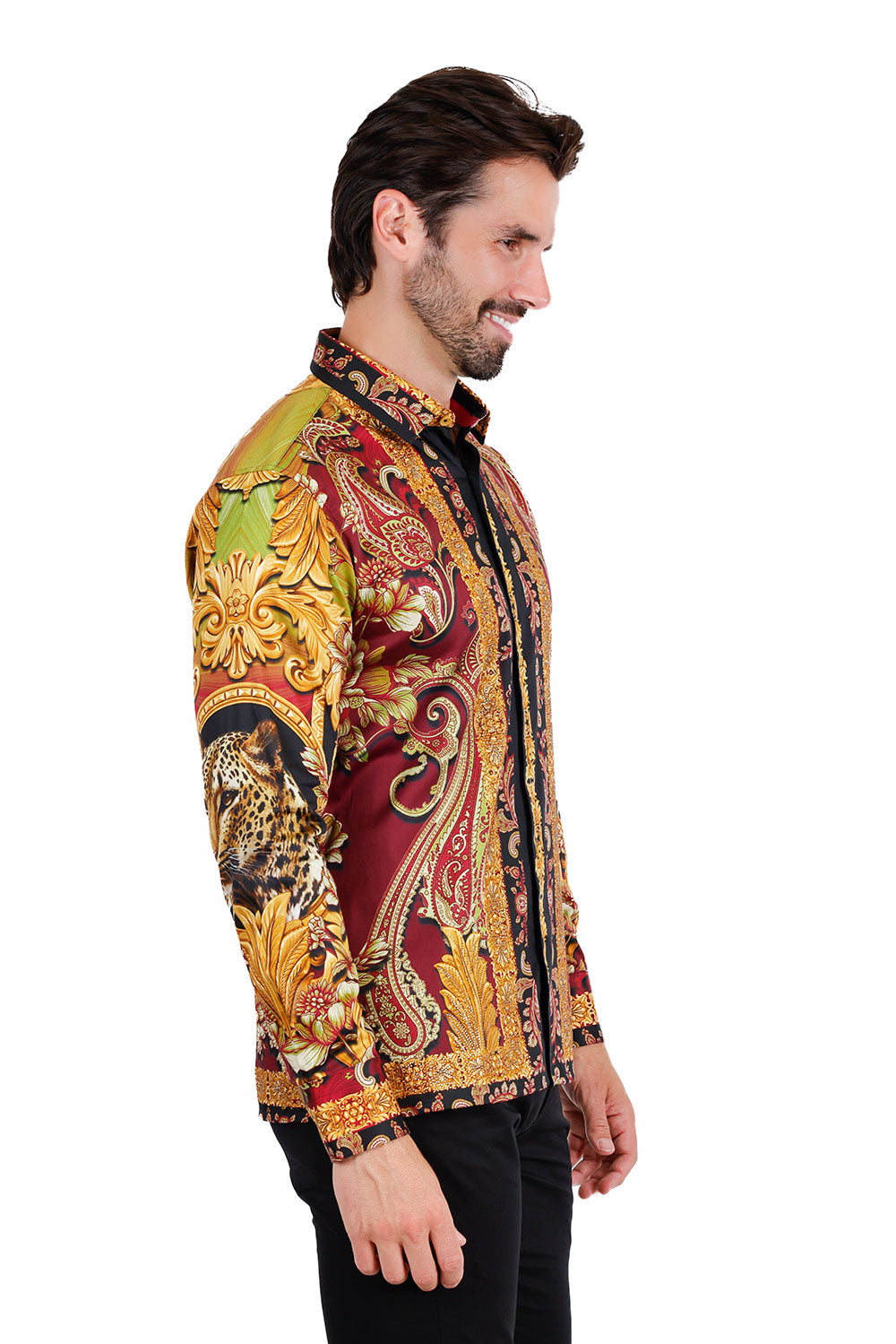 BARABAS Men's Rhinestone Leopard Baroque Long Sleeve Shirts 3SPR414 Plum