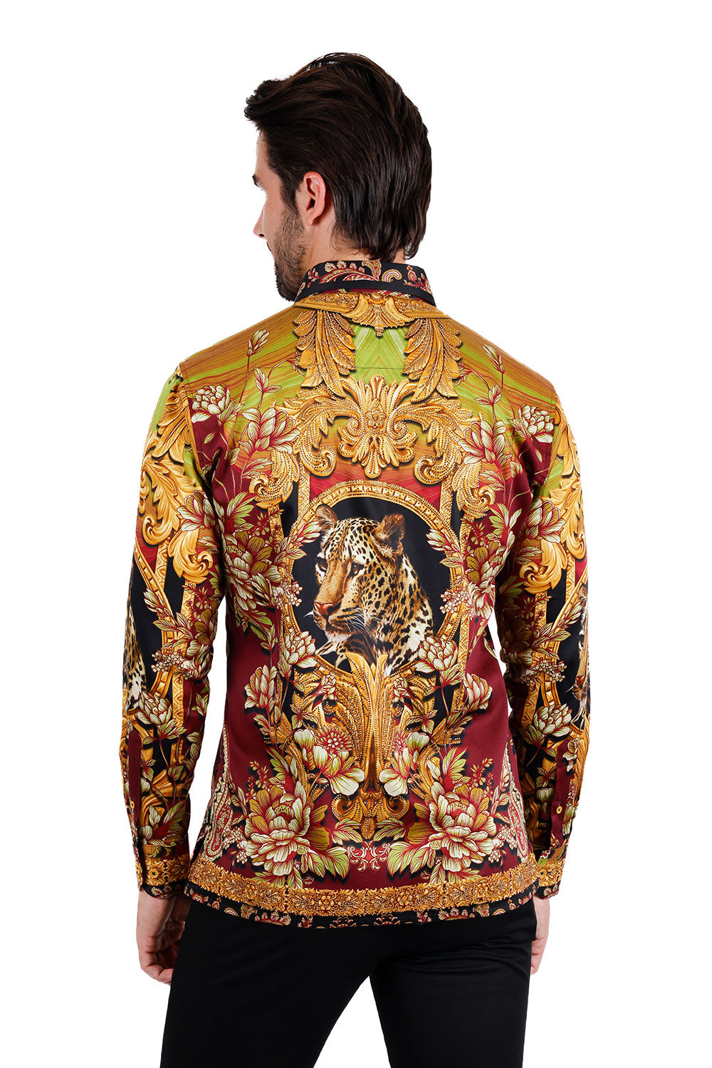 BARABAS Men's Rhinestone Leopard Baroque Long Sleeve Shirts 3SPR414 Plum