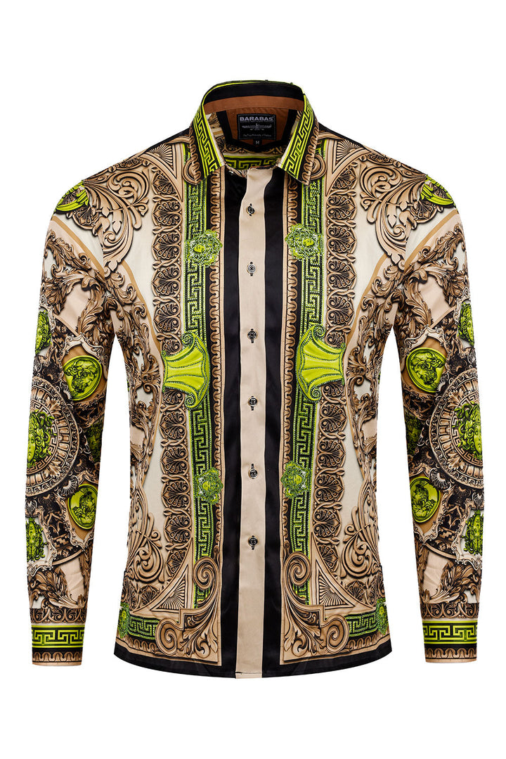 BARABAS Men's Rhinestone Medusa Floral Long Sleeve Shirts 3SPR416 Khaki