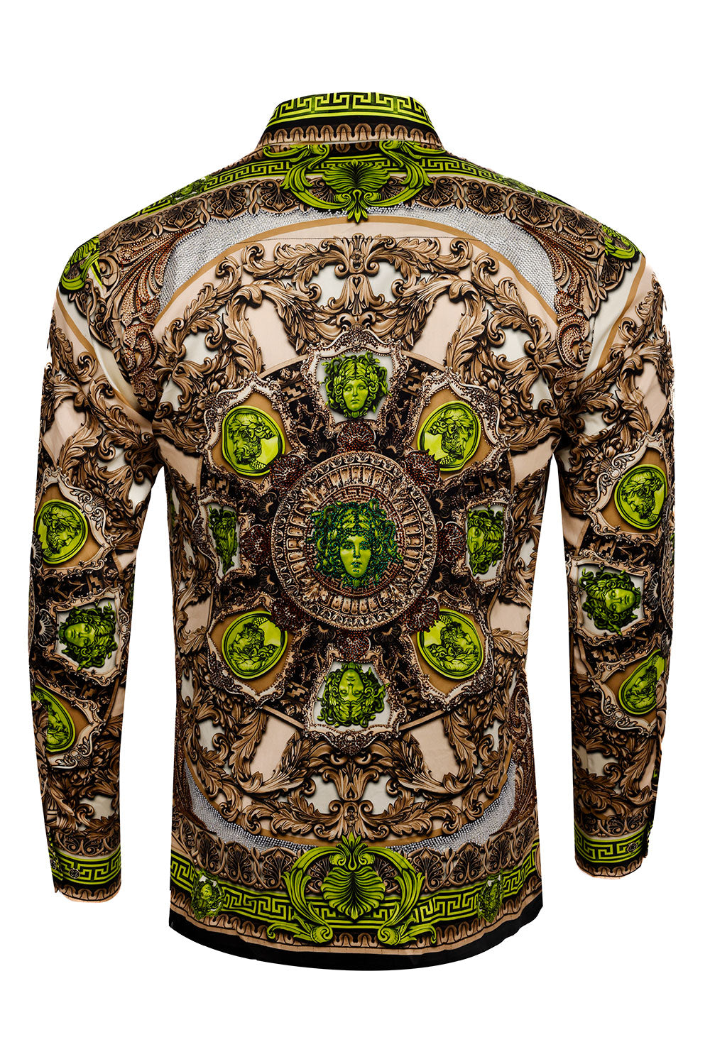 BARABAS Men's Rhinestone Medusa Floral Long Sleeve Shirts 3SPR416 Khaki