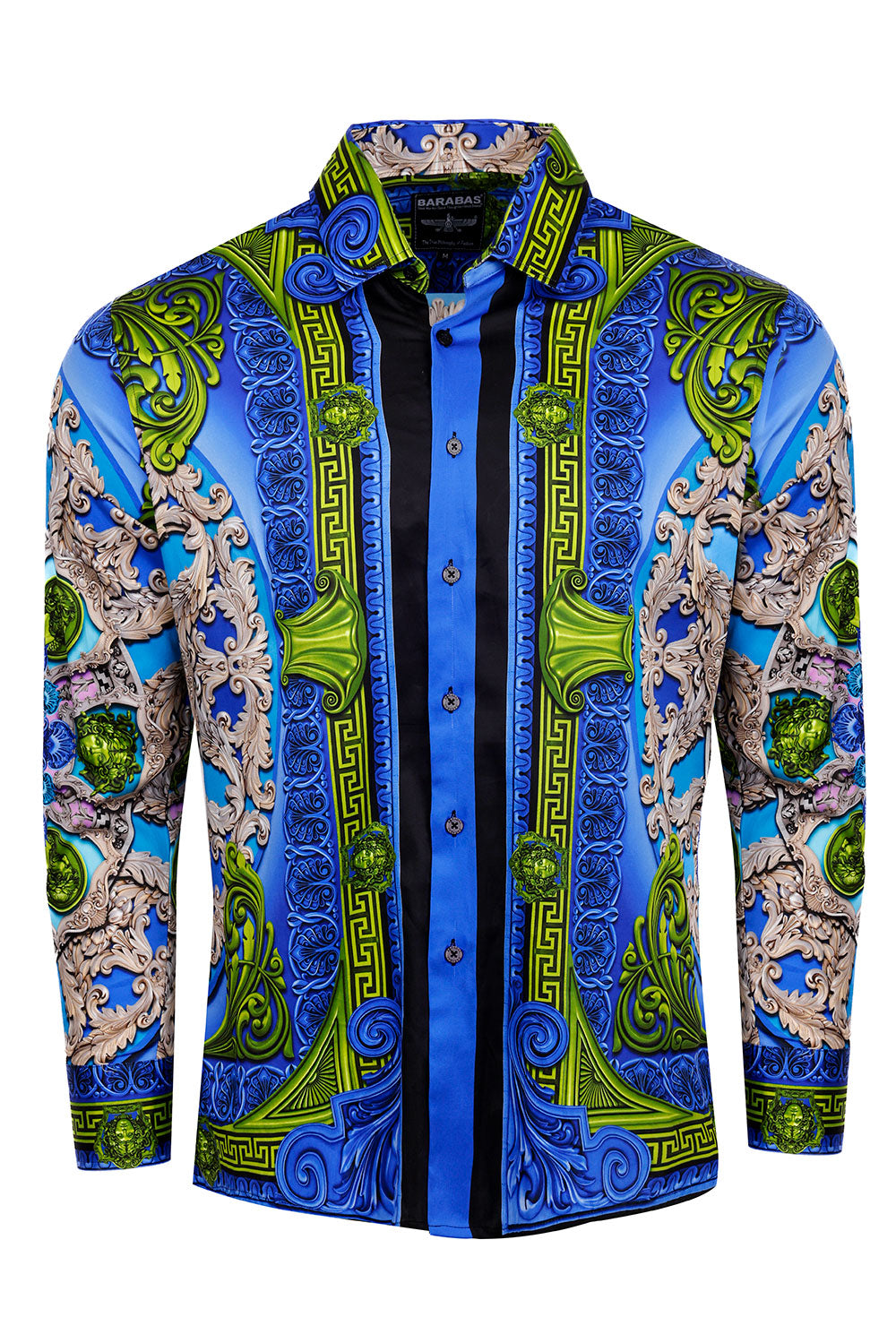 BARABAS Men's Rhinestone Medusa Floral Long Sleeve Shirts 3SPR416 Royal