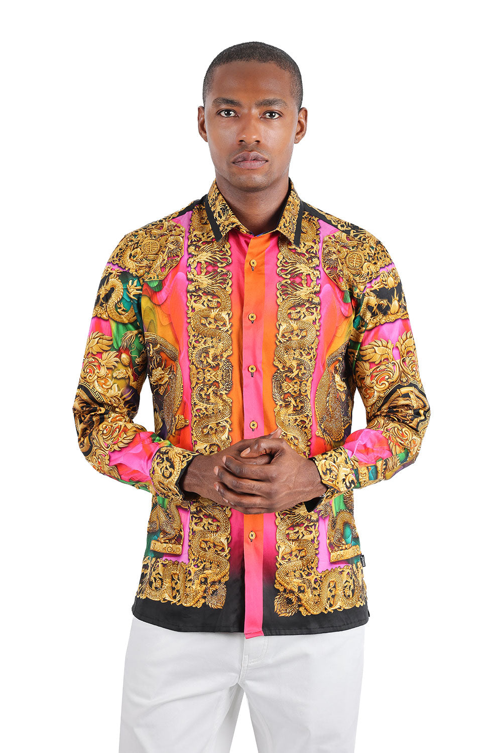 BARABAS Men's Floral Dragon Rhinestone Long Sleeve Shirts 3SPR405 Gold