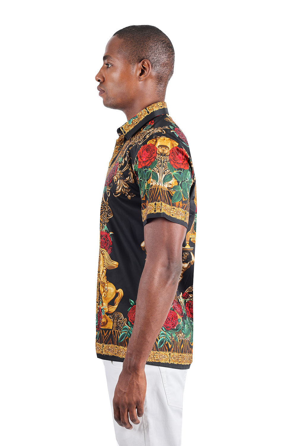 BARABAS Men's Leopard and Rhinestone Floral Short Sleeve Shirts 3SR418 Black