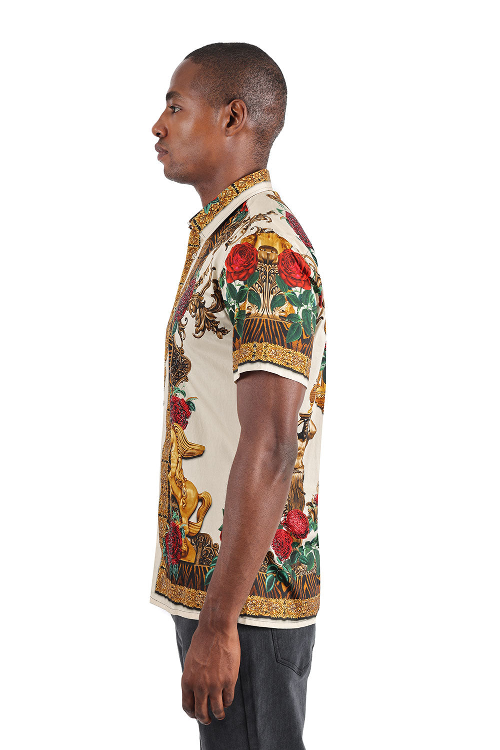 BARABAS Men's Leopard and Rhinestone Floral Short Sleeve Shirts 3SR418 Cream