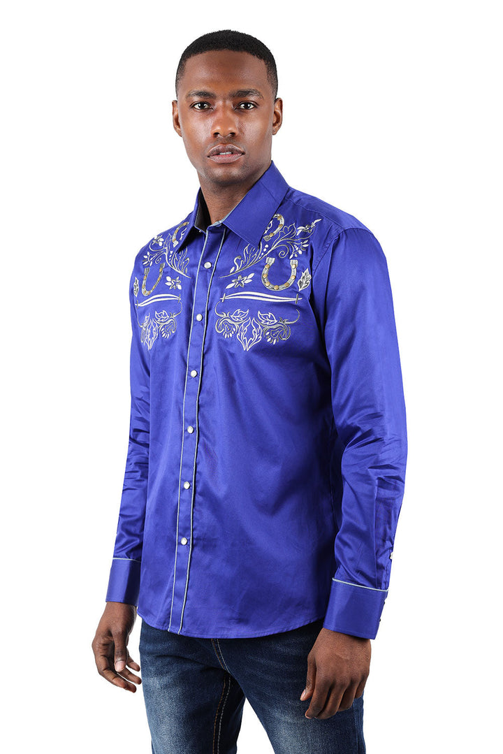 BARABAS Men's Horseshoe Floral Embroidery Long Sleeve Shirts 3WS6 Royal