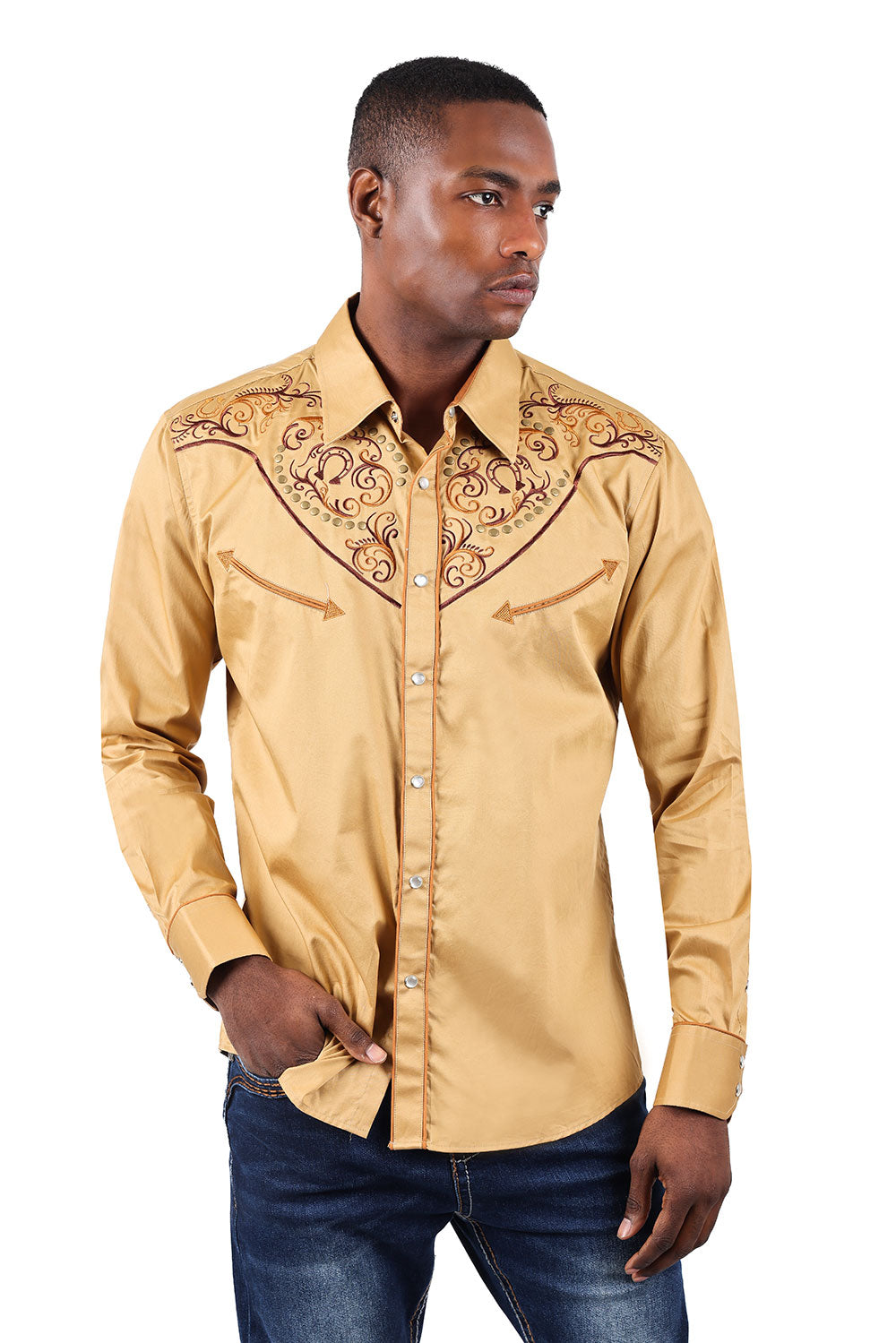 BARABAS Men's Floral Arrow Embroidery Long Sleeve Western Shirts 3WS7 Cream