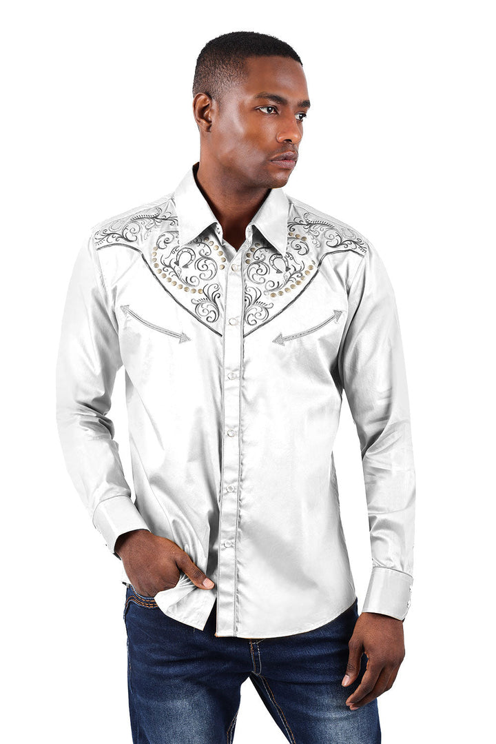 BARABAS Men's Floral Arrow Embroidery Long Sleeve Western Shirts 3WS7 White