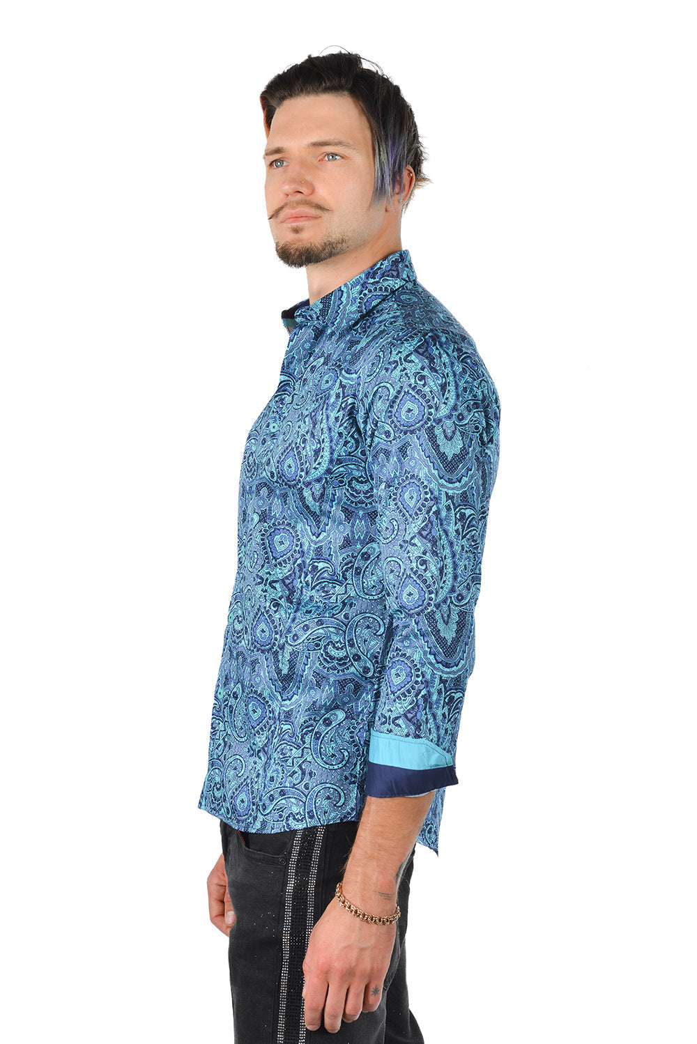 BARABAS men's printed paisley blue green button down dress Shirt 4501 Green