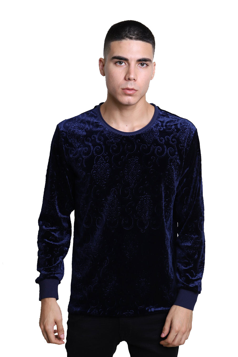 Barabas Men's Floral Textured Crew Neck Long Sleeves Sweatshirt LV102 Navy