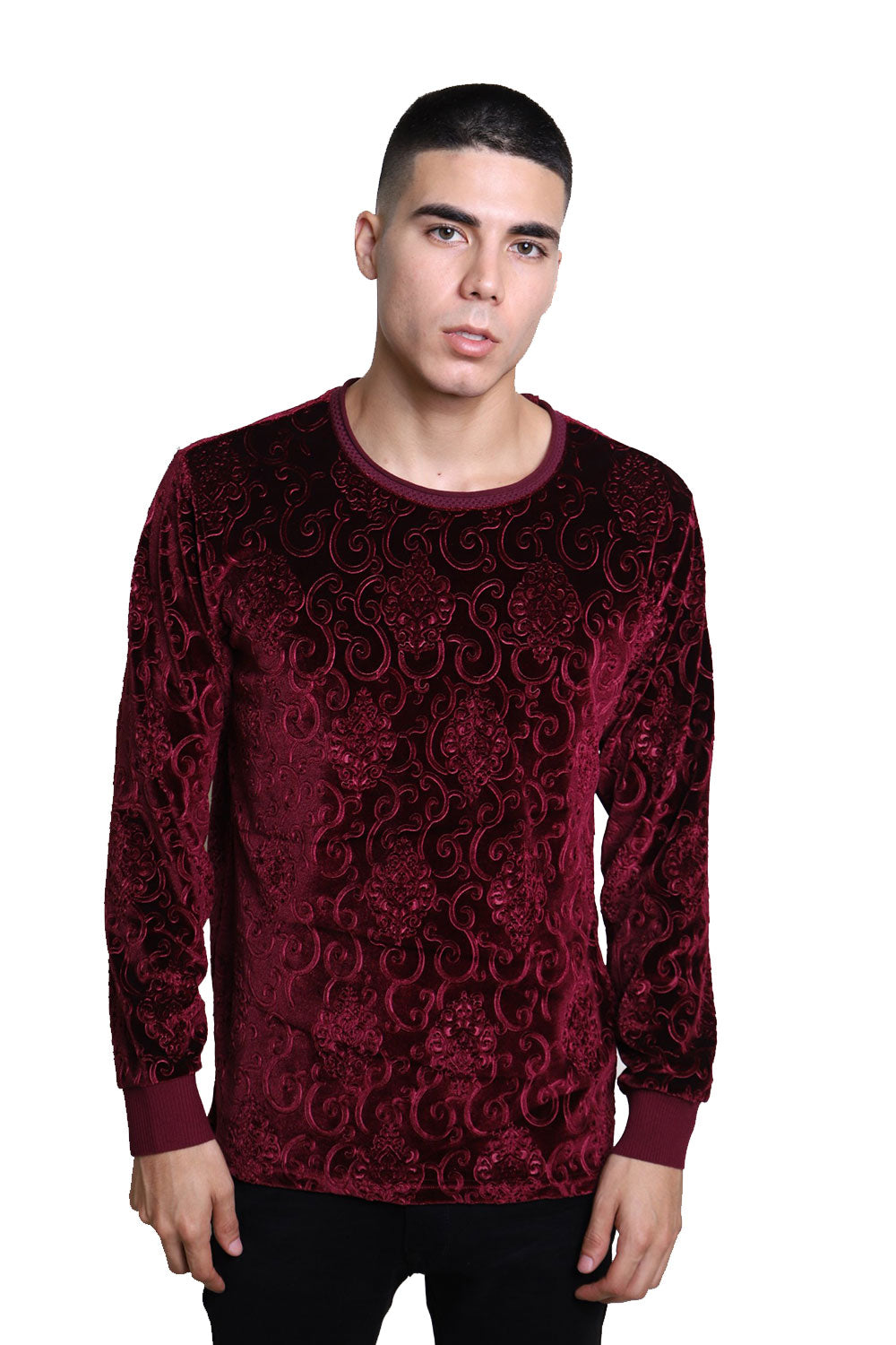 Barabas Men's Floral Textured Crew Neck Long Sleeves Sweatshirt LV102 Wine