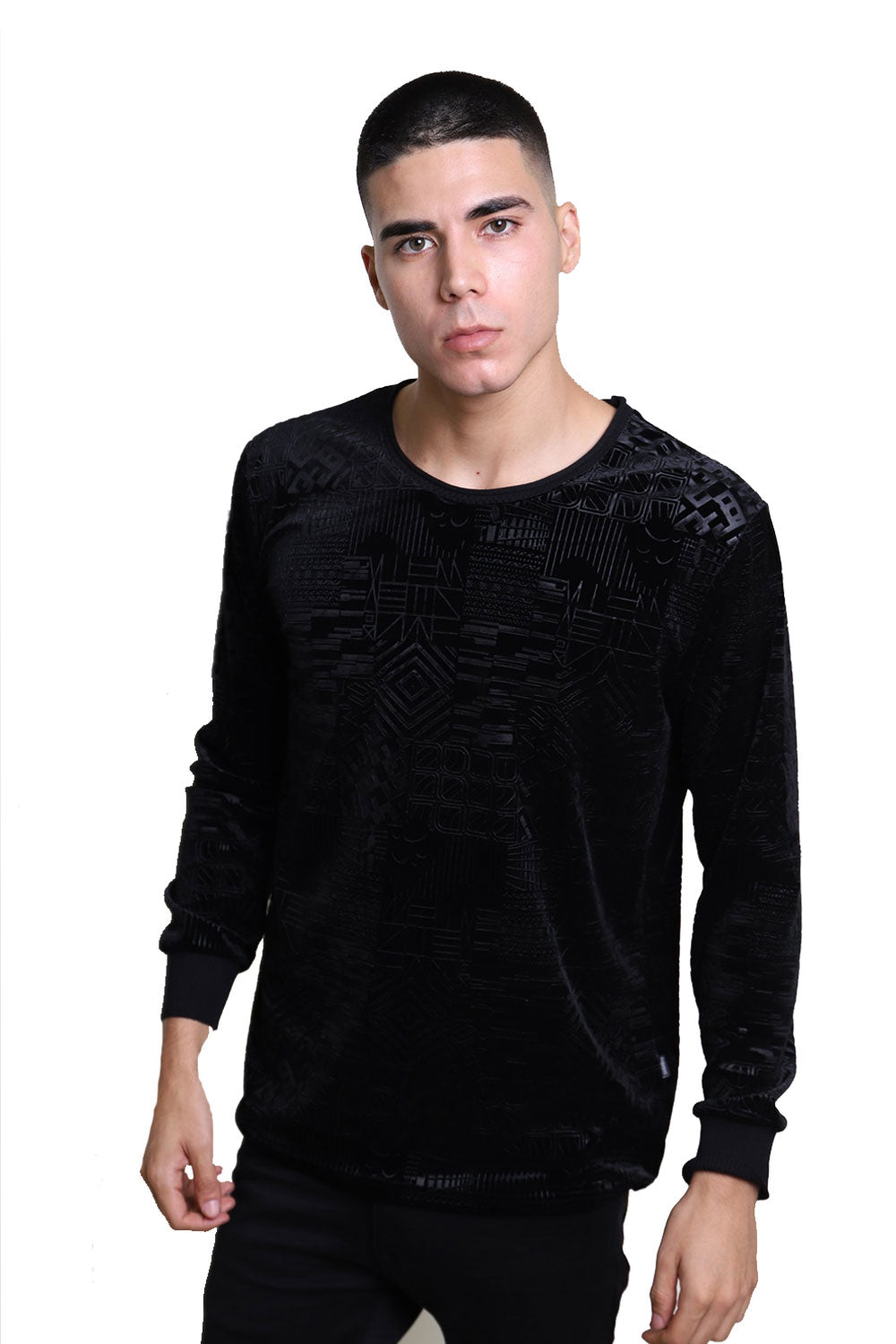 Barabas Men's Floral Textured Crew Neck Long Sleeves Sweatshirt LV102 Black