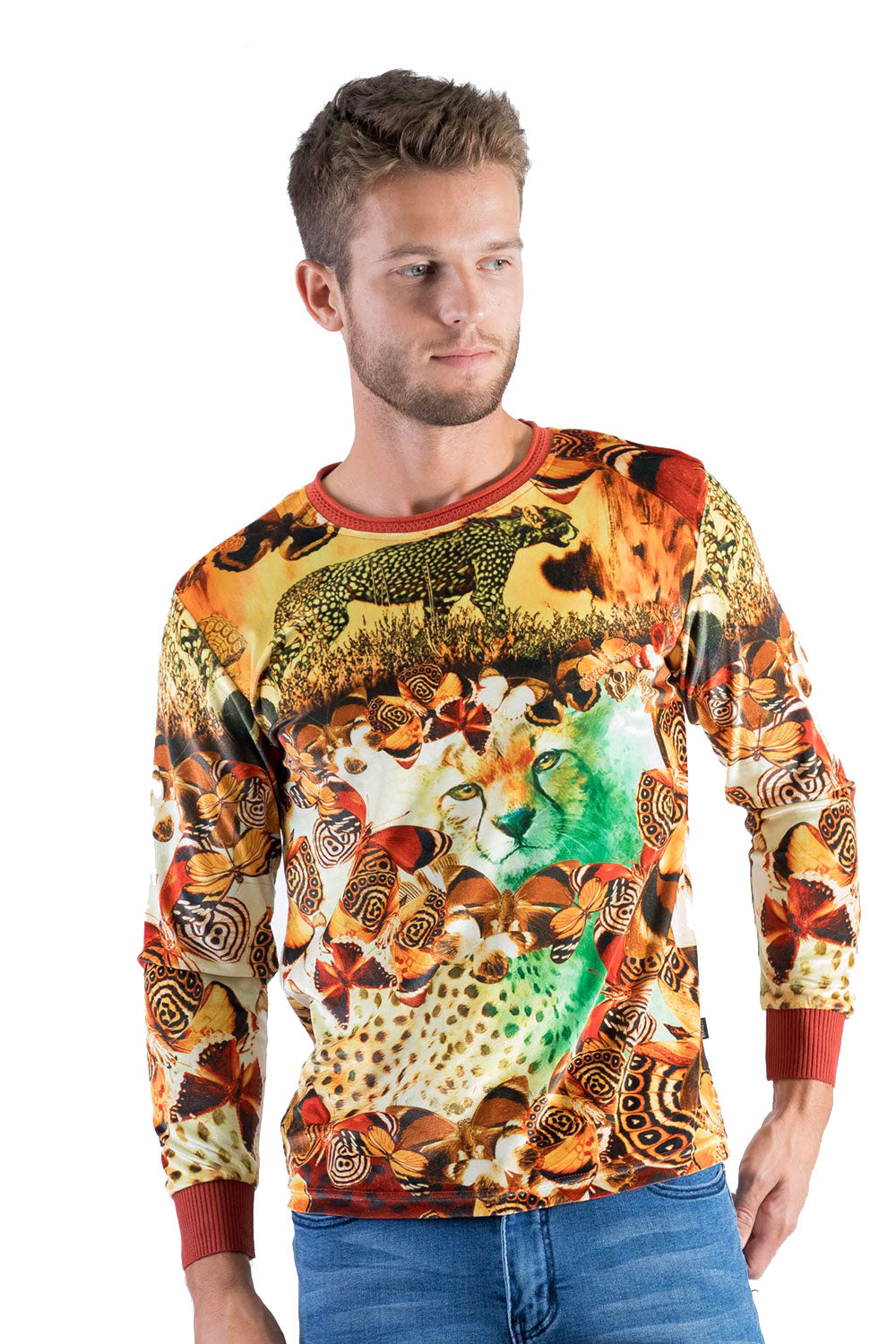BARABAS Men's Floral Tiger Leopard Printed Crew-neck Sweater LV114