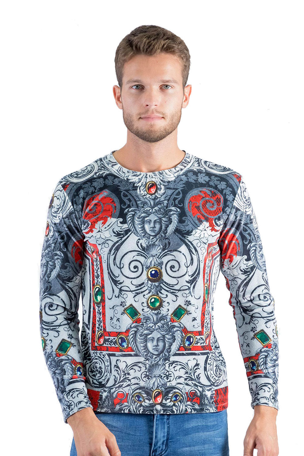 BARABAS Men's Floral Medusa Printed Crew Neck Sweatshirt LV126