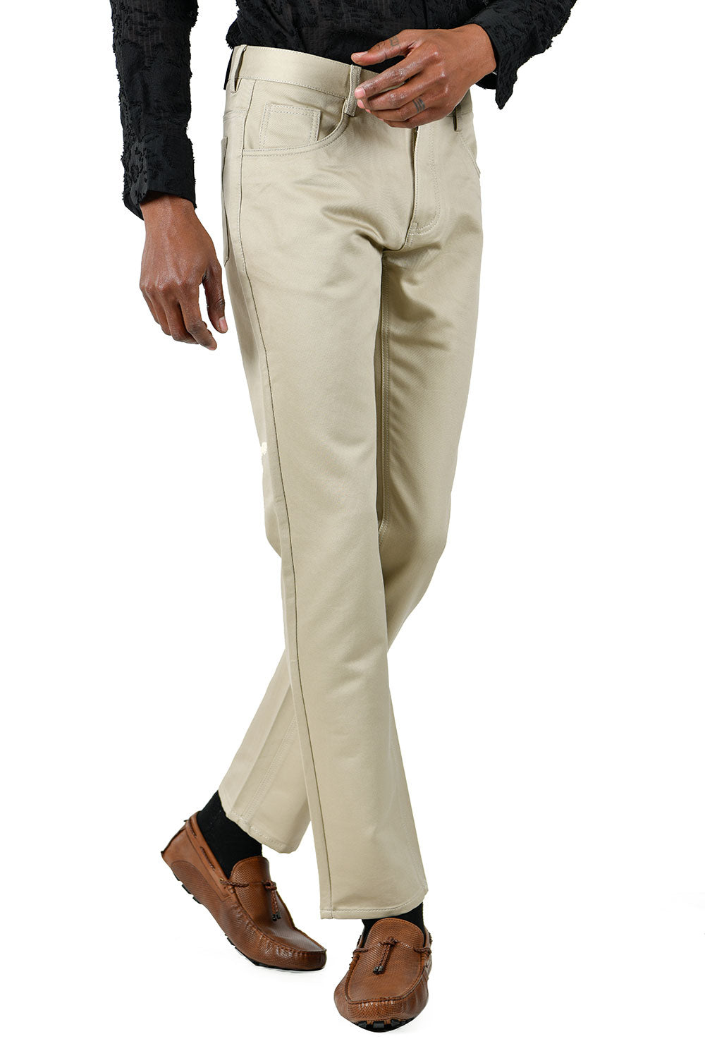 Barabas Men's Solid Color Zip and cream Straight Fit Pants B2060