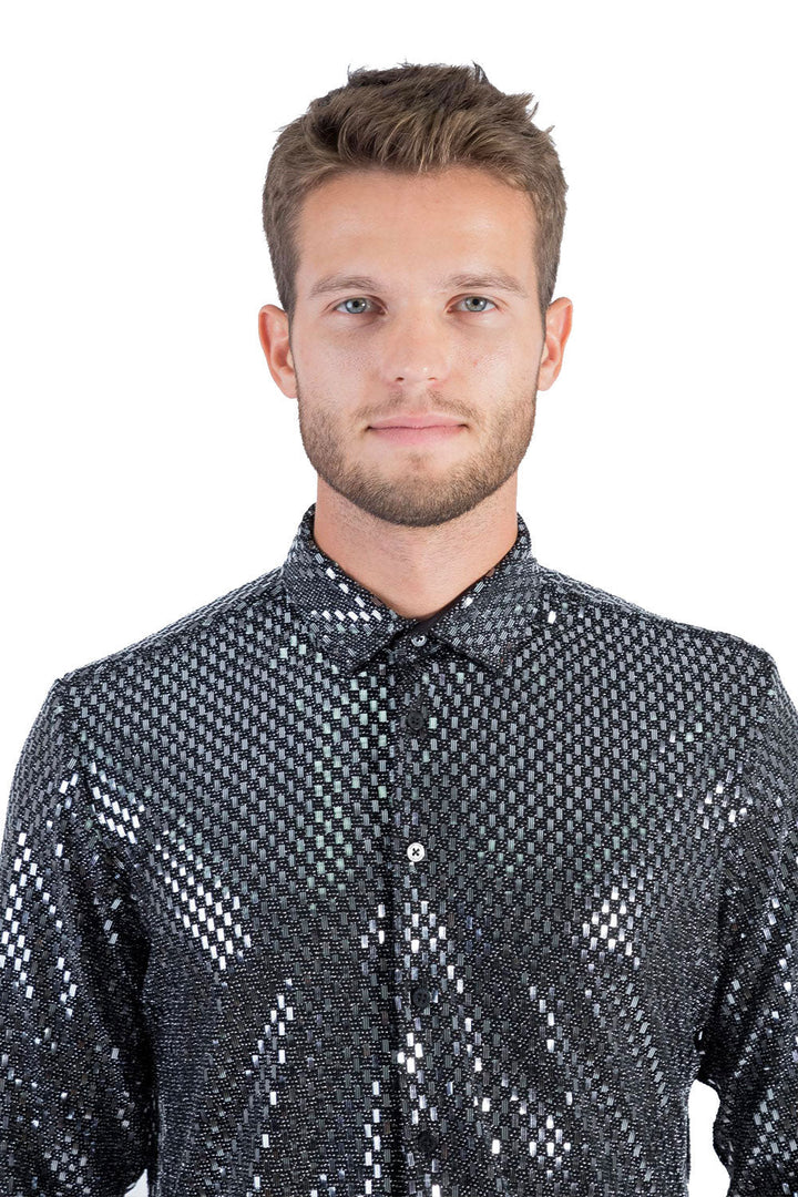 BARABAS Men's Shiny Sparkly Geometric Design Button Down Shirt B300 Black