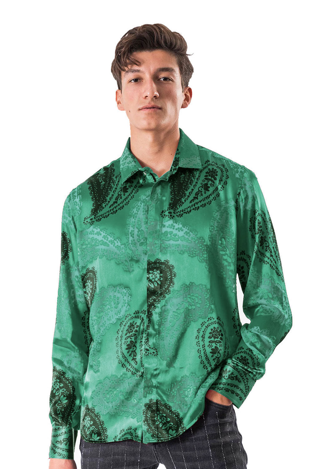 BARABAS Men's Printed Paisley Long sleeve Button Down Shirts B301 Green