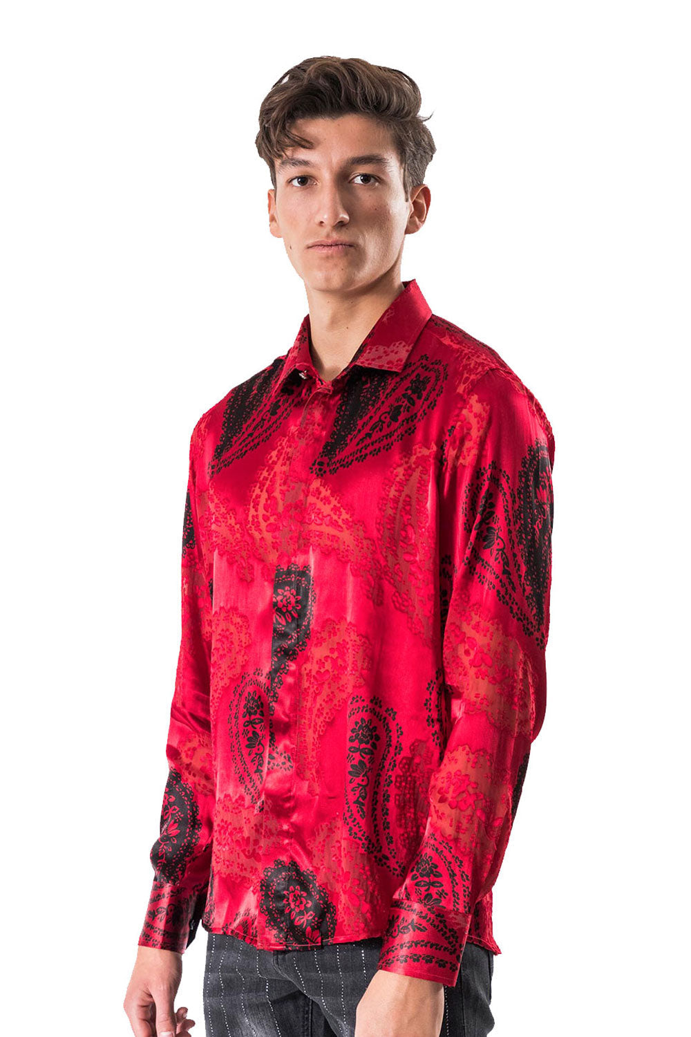 BARABAS Men's Printed Paisley Long sleeve Button Down Shirts B301 Red