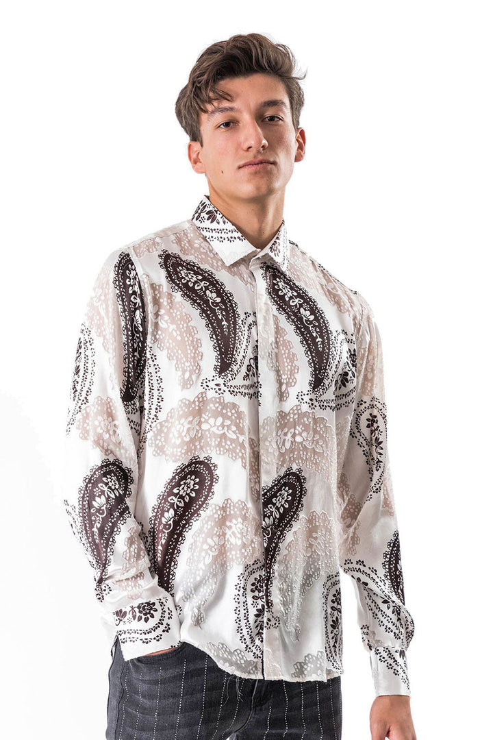 BARABAS Men's Printed Paisley Long sleeve Button Down Shirts B301 White