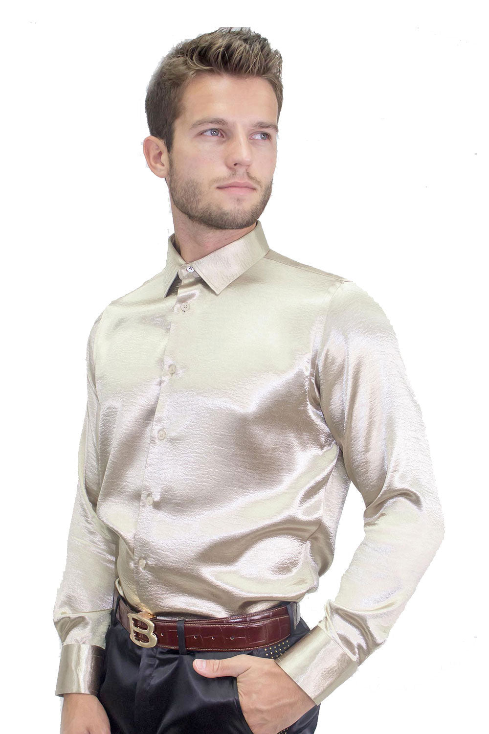 BARABAS Men shinny solid color button down dress Shirts B302