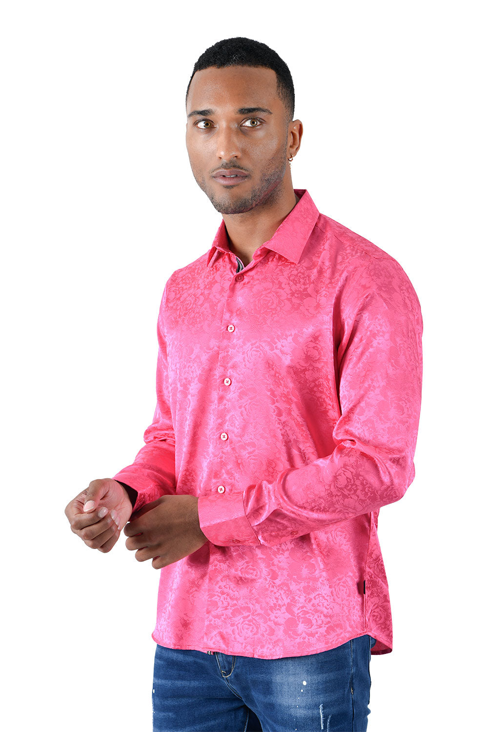 BARABAS Men textured floral button down Fuchsia shirts B309
