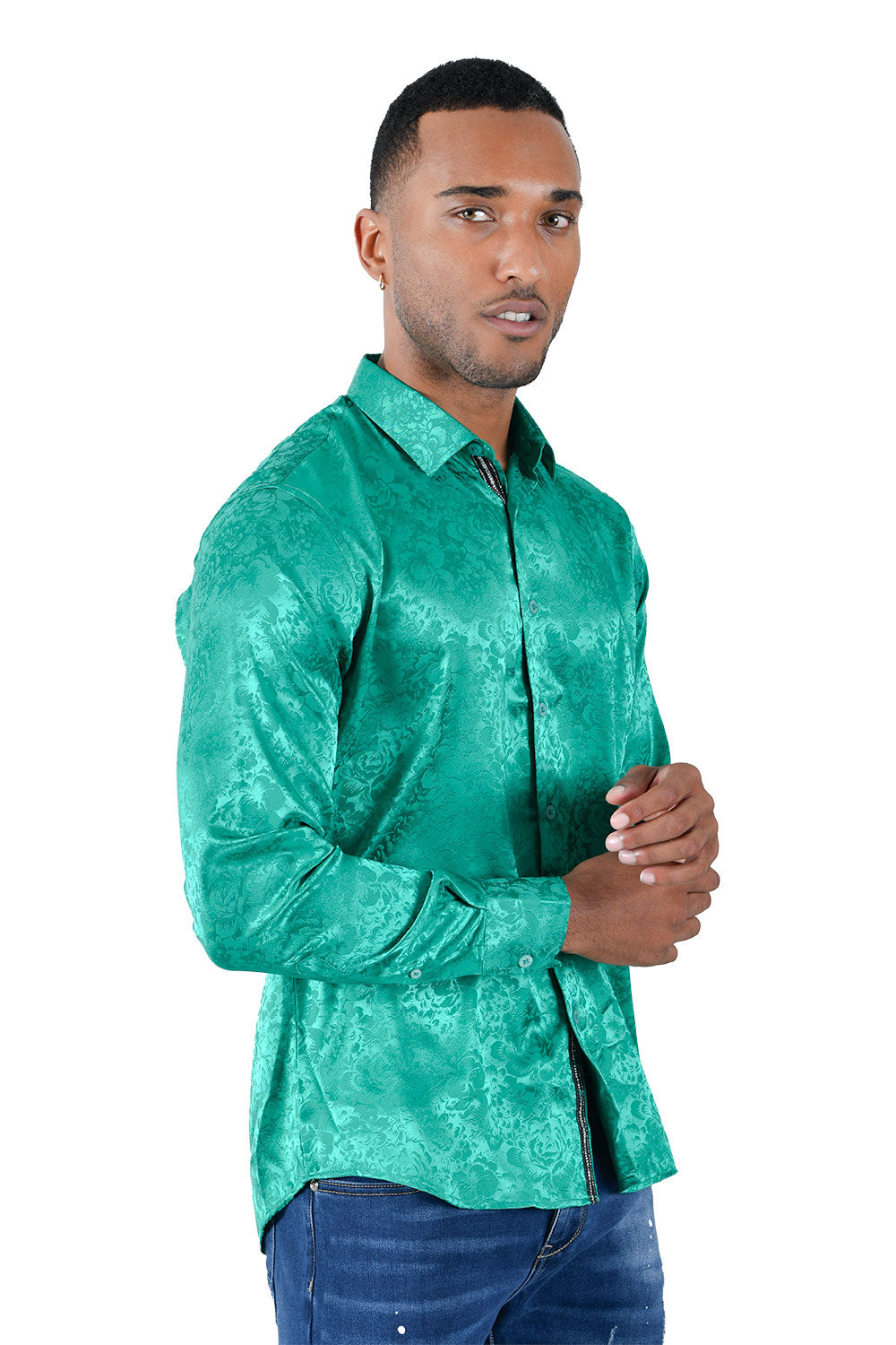 BARABAS Men textured floral button down Green shirts B309