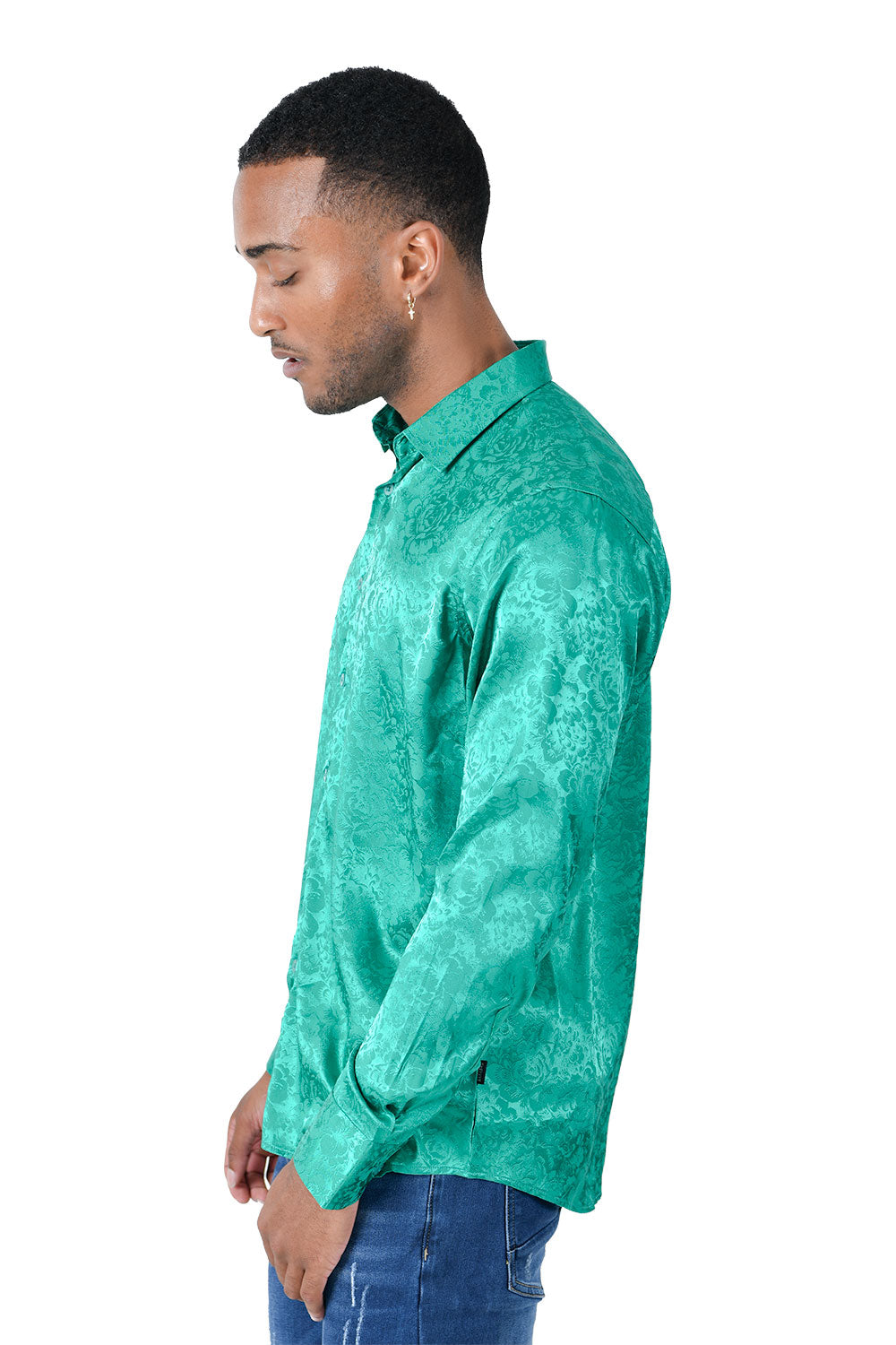BARABAS Men textured floral button down Green shirts B309