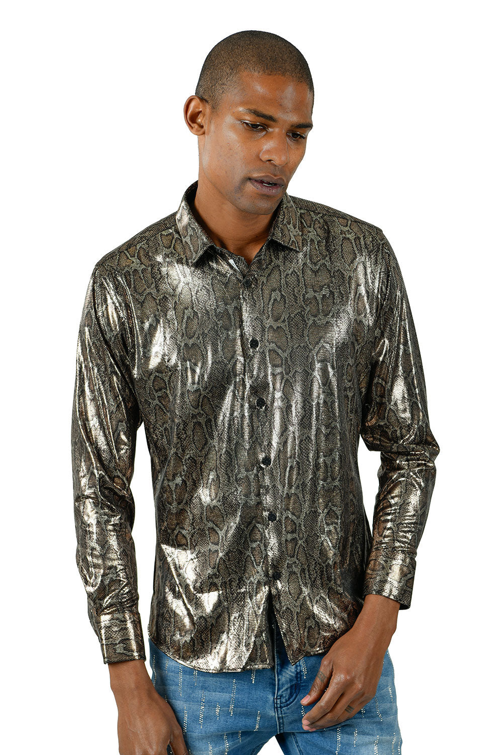 Barabas Men's Snake Glossy Print Button Down Gold Long Sleeve Shirt B311