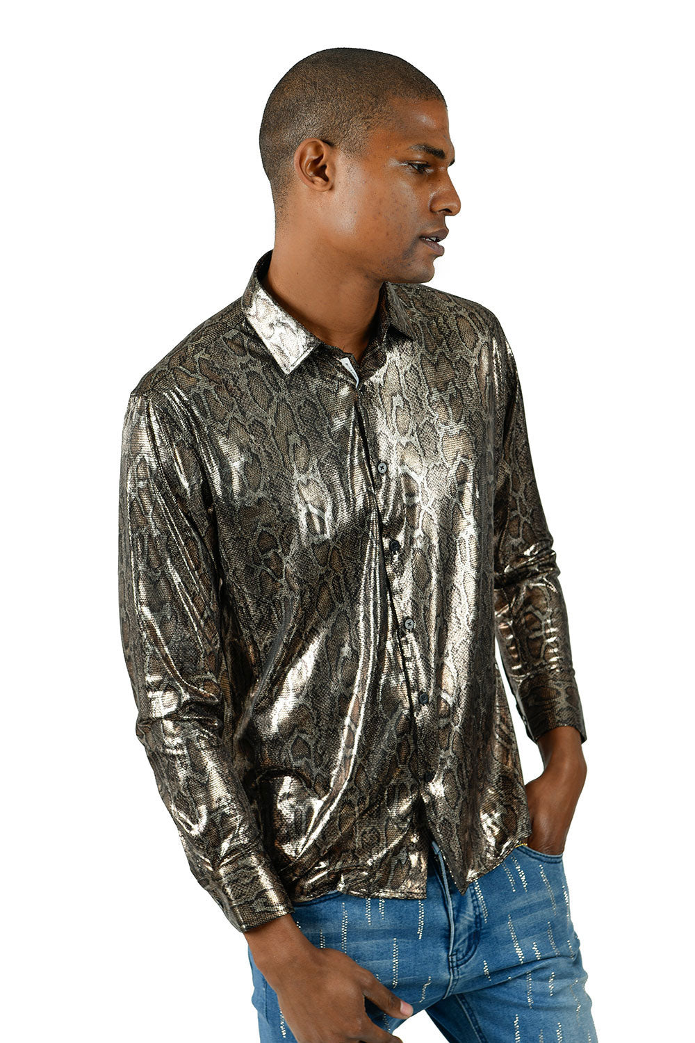 Barabas Men's Snake Glossy Print Button Down Gold Long Sleeve Shirt B311