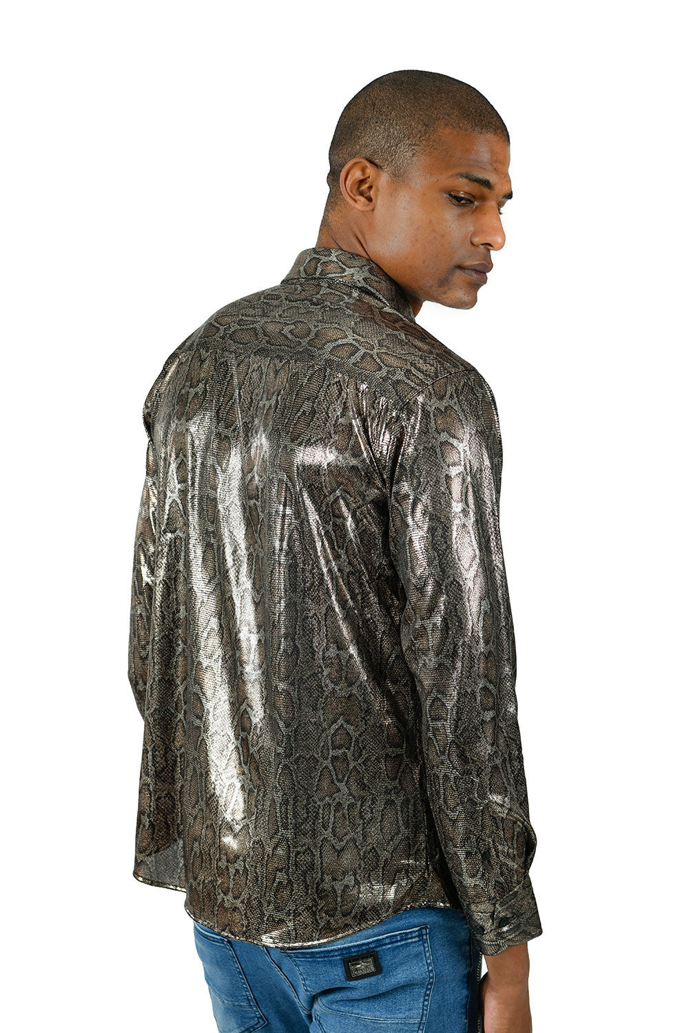 Barabas Men's Snake Glossy Print Button Down Gold Long Sleeve Shirt B311