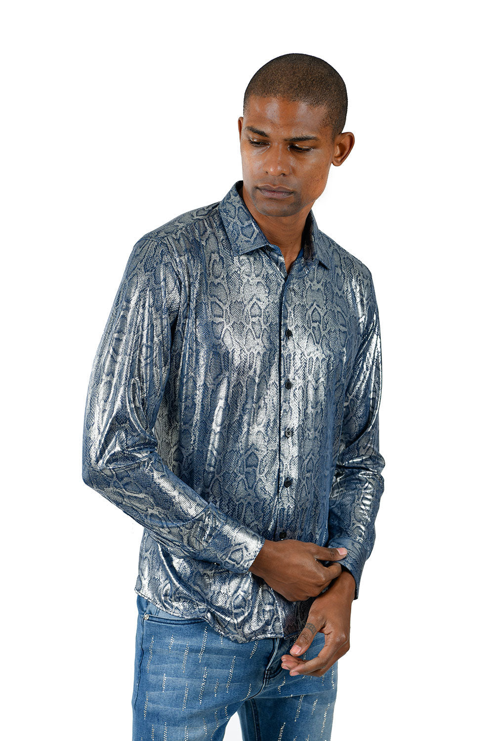 Barabas Men's Snake Glossy Print Button Down Navy Long Sleeve Shirt B311