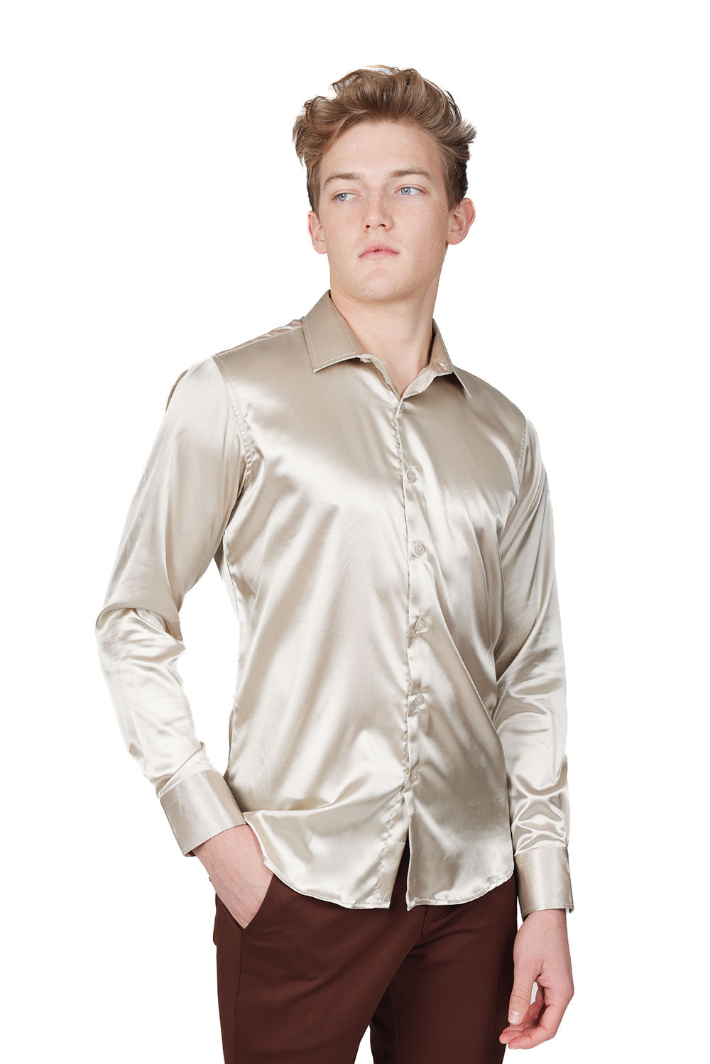 BARABAS Mens Luxury Shiny Long Sleeve Button Down Metallic Shirts B312 Beige