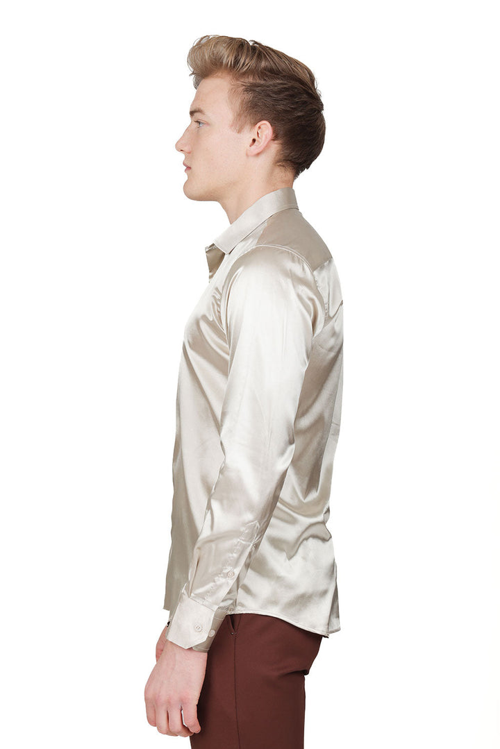 BARABAS Mens Luxury Shiny Long Sleeve Button Down Metallic Shirts B312 Beige