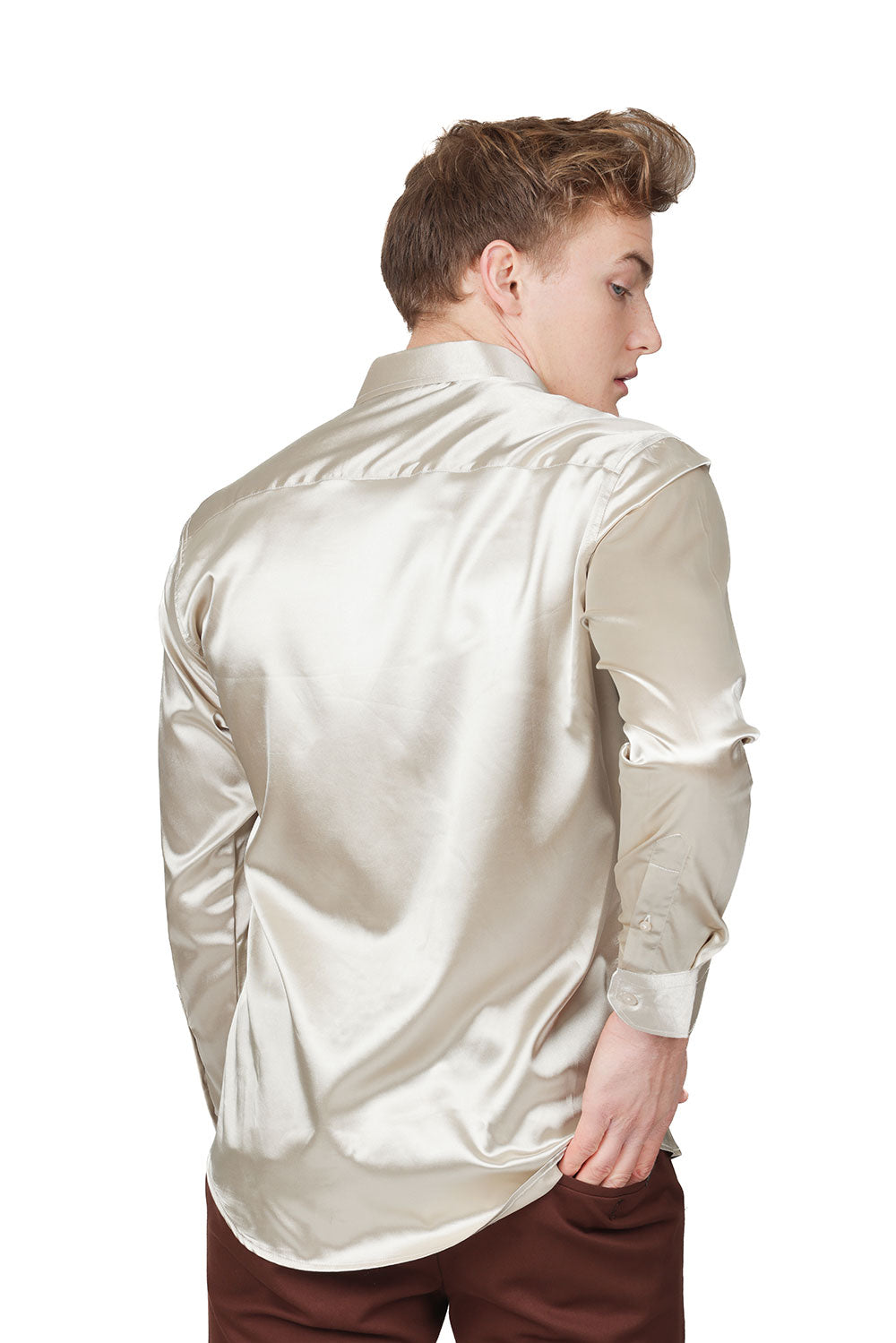 BARABAS Mens Luxury Shiny Long Sleeve Button Down Metallic Shirts B312 Beige