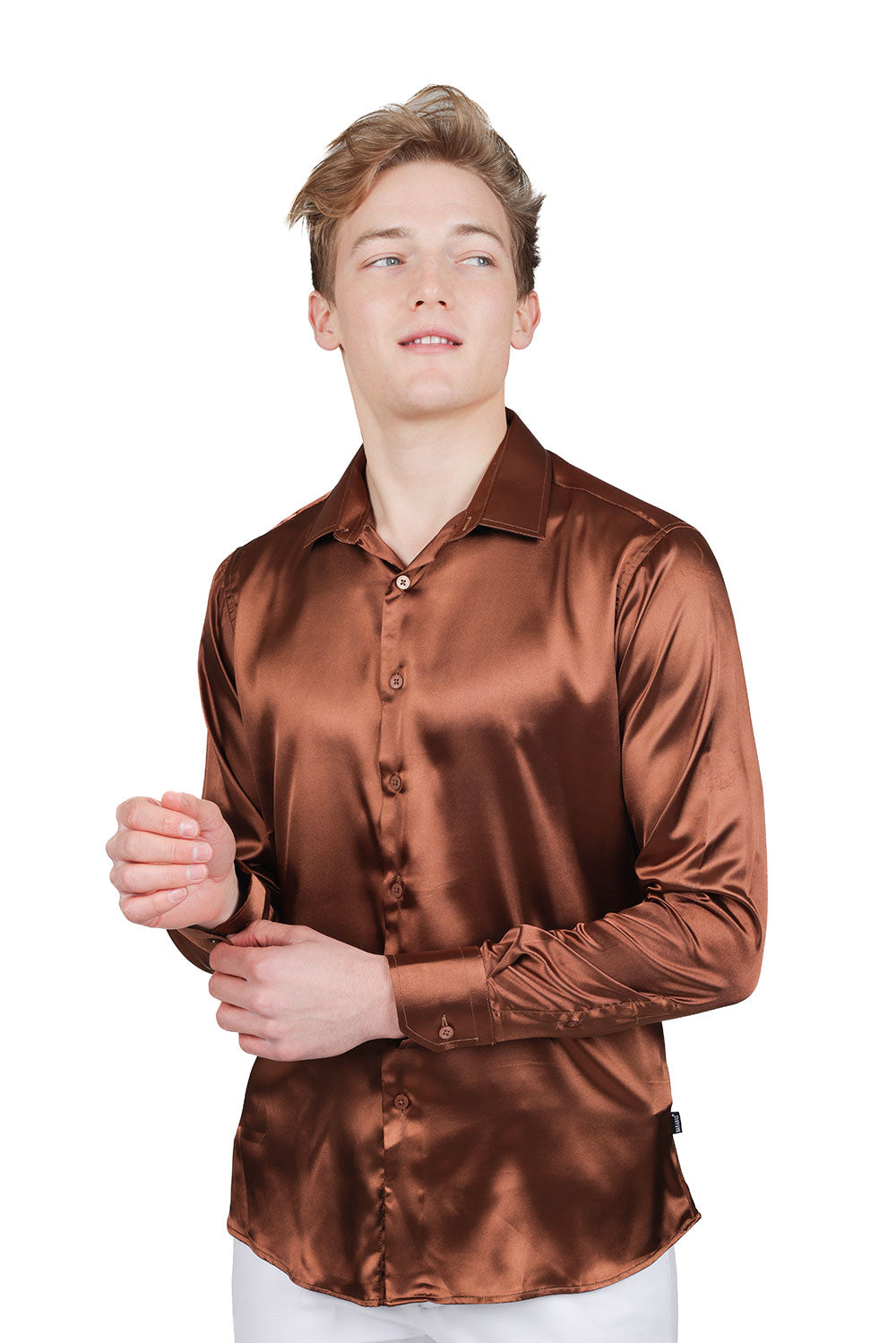 BARABAS Mens Luxury Metallic Long Sleeve Button Down Shiny shirts B312 Brown