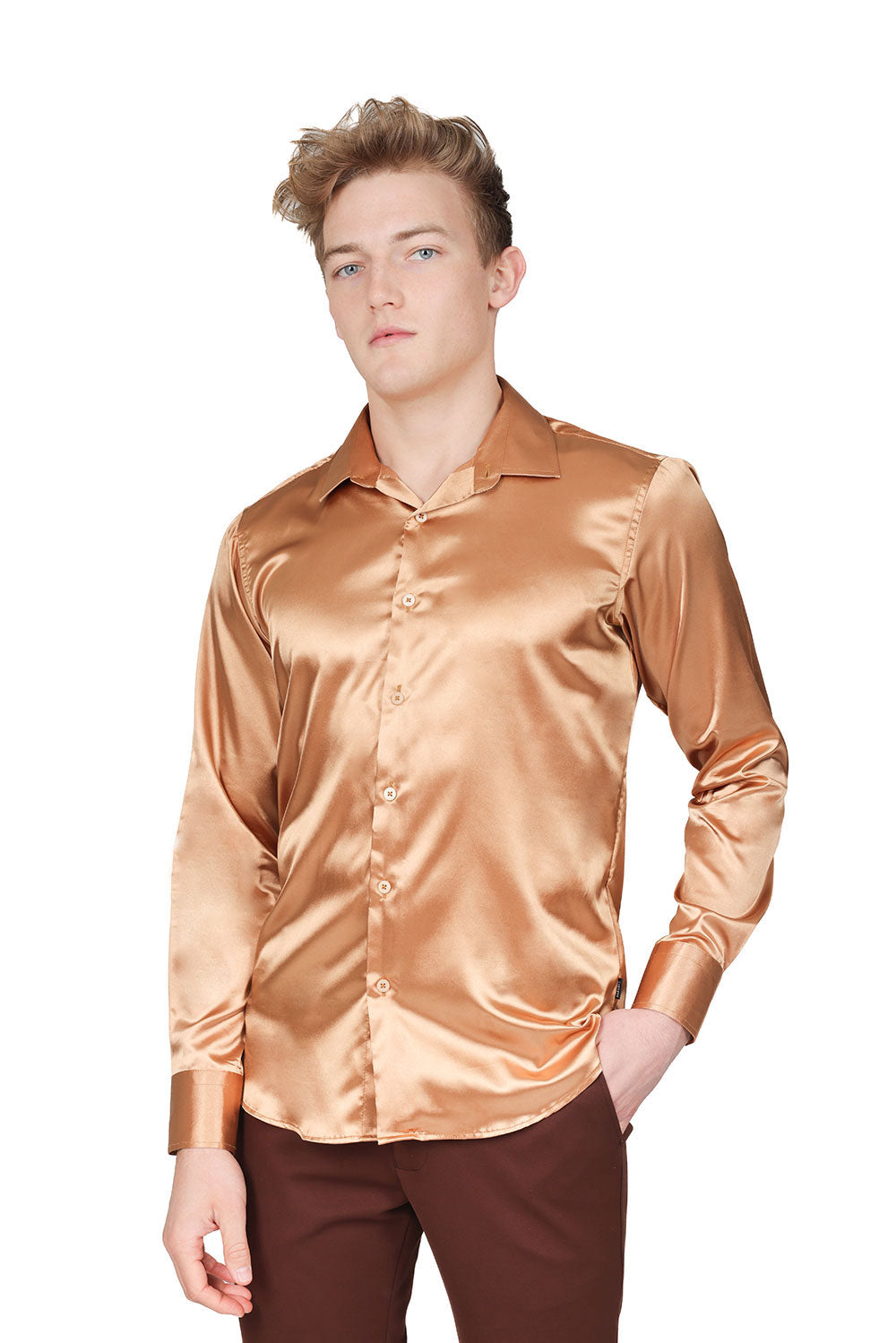 BARABAS Mens Luxury Shiny Long Sleeve Button Down Metallic Shirts B312 Cinnamon