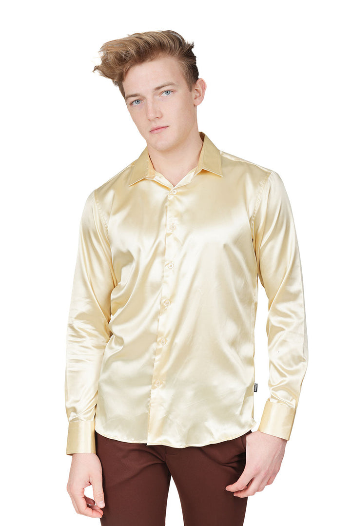 BARABAS Mens Luxury Shiny Long Sleeve Button Down Metallic Shirts B312 Cream