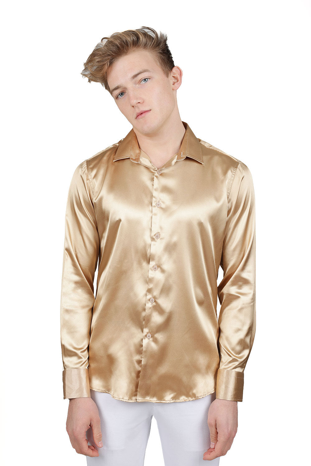 BARABAS Mens Luxury Shiny Long Sleeve Button Down Metallic Shirts B312 Gold