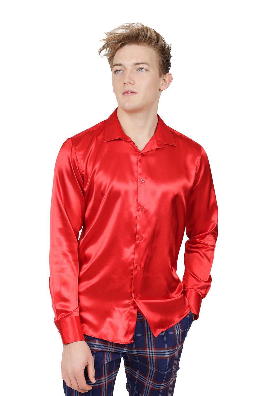 BARABAS Mens Luxury Metallic Long Sleeve Button Down Shiny shirts B312 Red