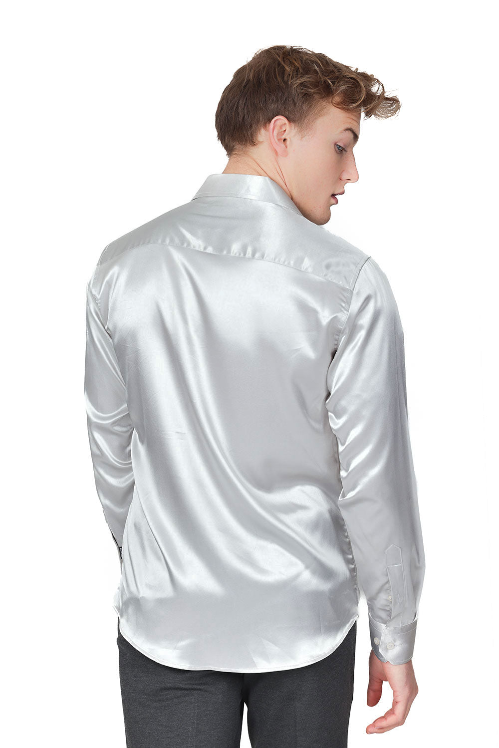 BARABAS Mens Luxury Metallic Long Sleeve Button Down Shiny shirts B312 Silver