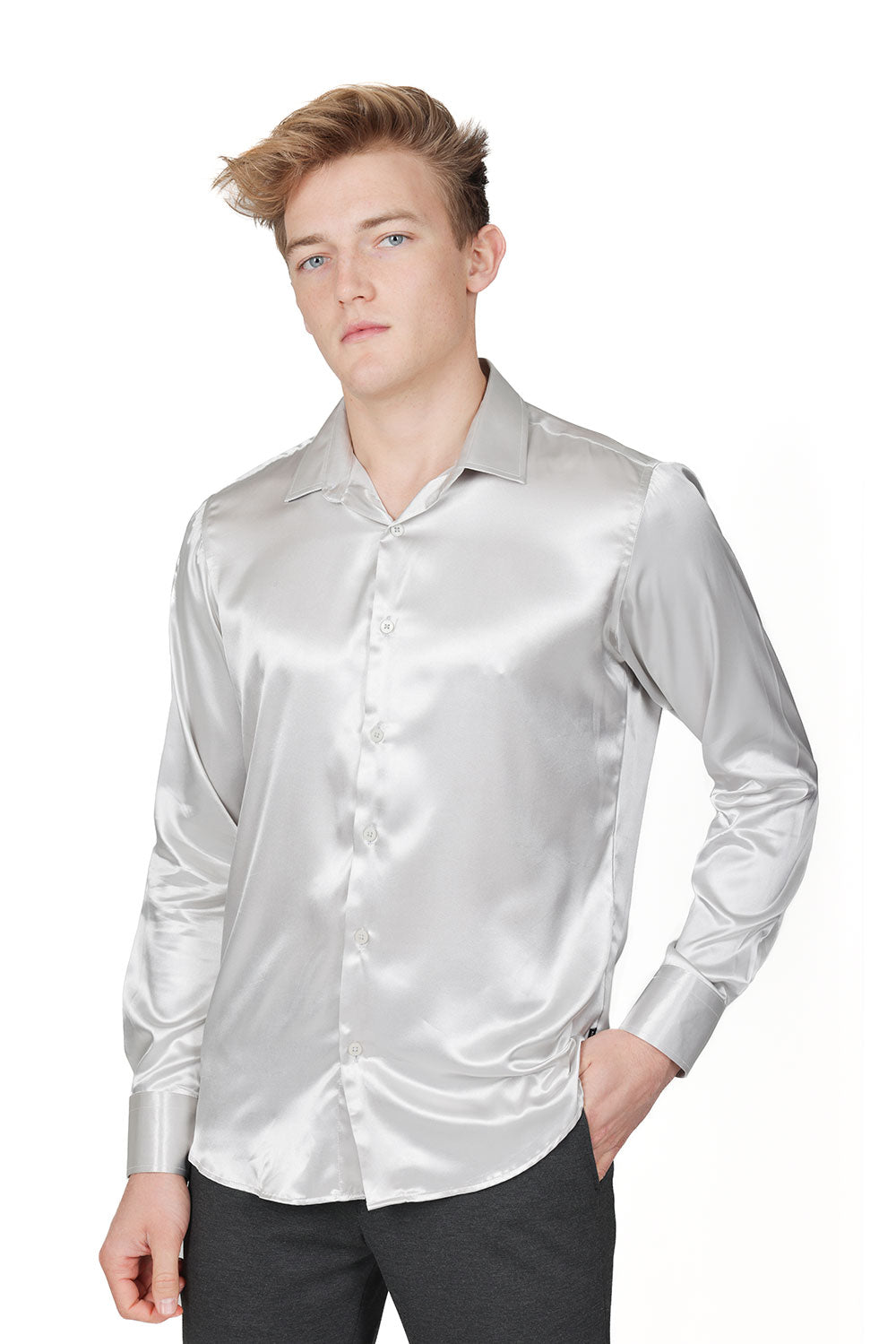 BARABAS Mens Luxury Metallic Long Sleeve Button Down Shiny shirts B312 Silver