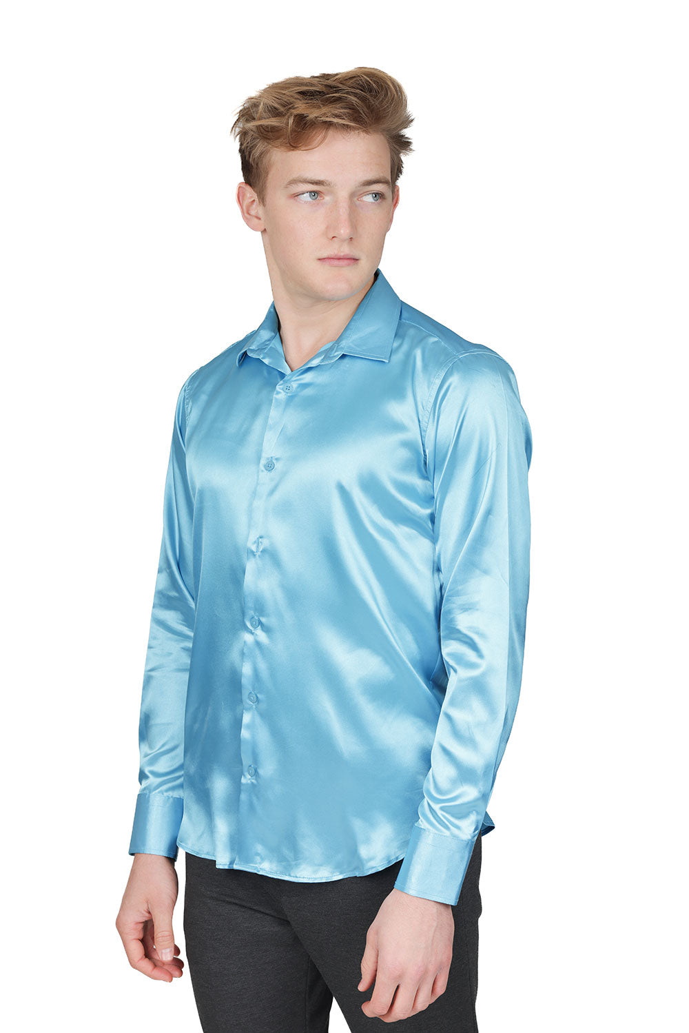 BARABAS Mens Luxury Shiny Long Sleeve Button Down Metallic Shirts B312 Sky Bue